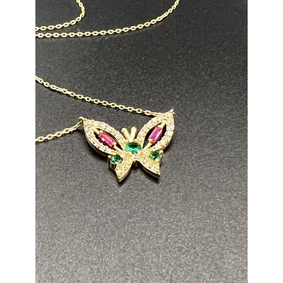14k Gold Butterfly Multi Colored Gemstone 18in Necklace - Picture 13 of 15